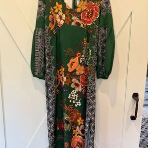 Anthropologie Green Bishop Sleeve Halter Dress